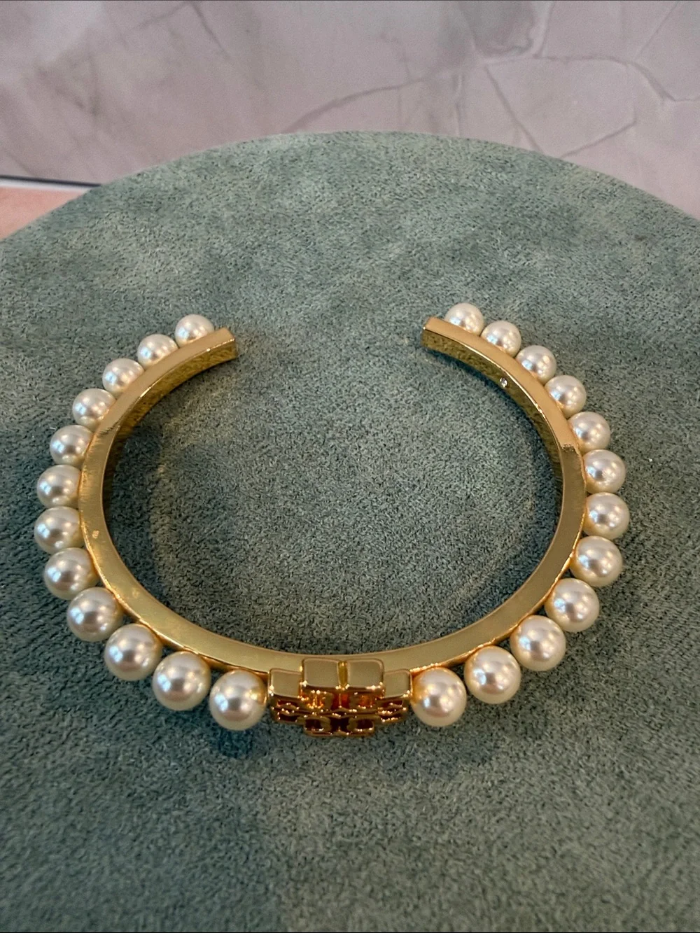 Tory Burch | Gold Plated & Pearl-Accented Cuff Bracelet | Small/Medium